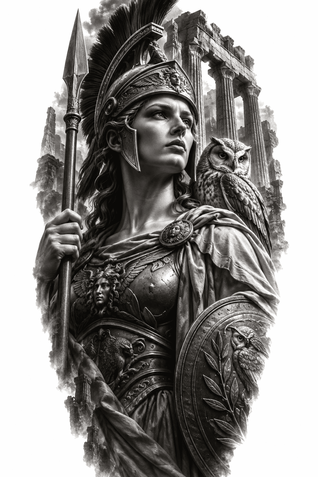 Concept de tattoo: Athena, Coruja, Templo grego destruído