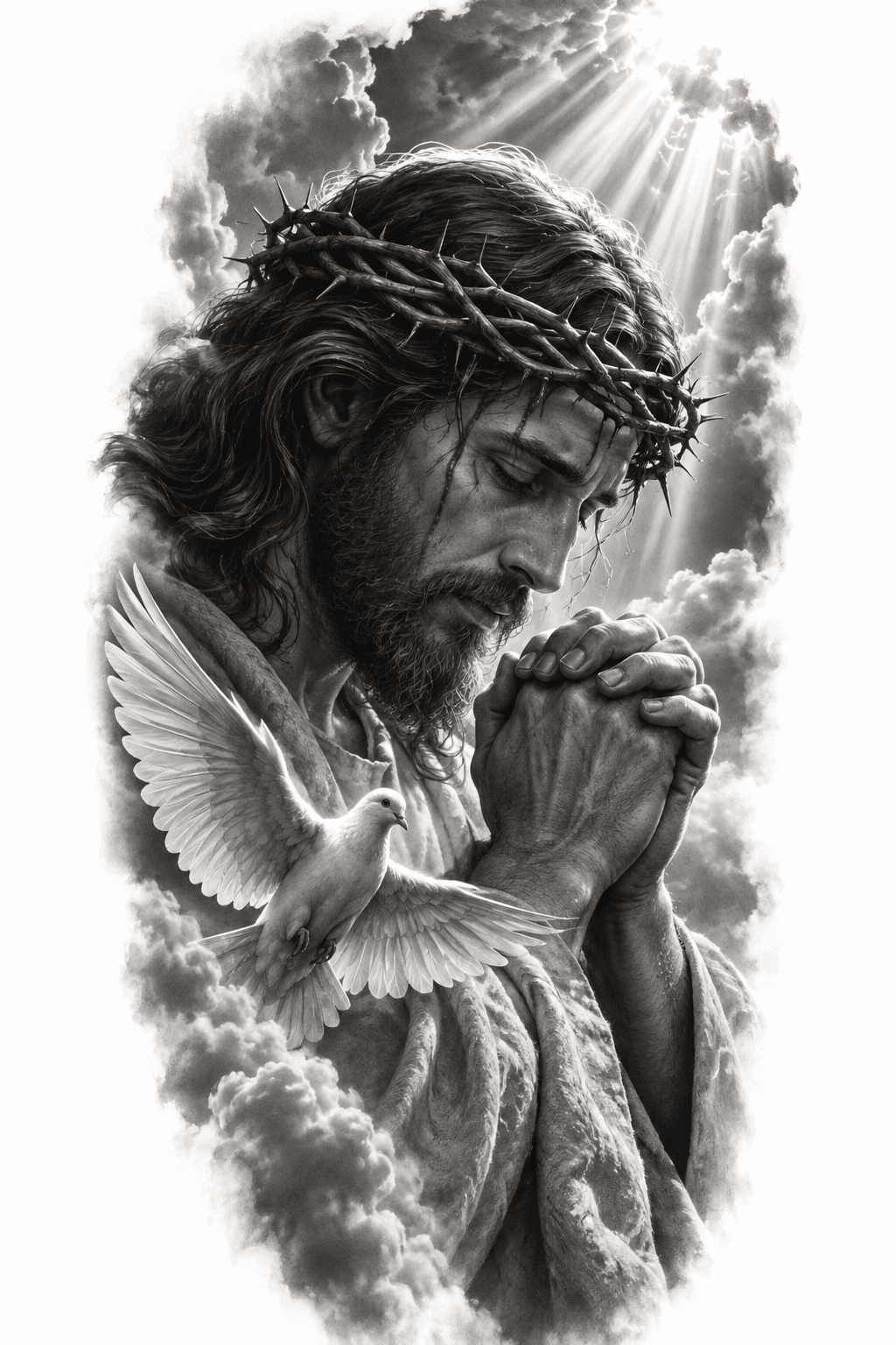 Concept de tattoo: Jesus orando, Pomba, Nuvens e feixes de luz
