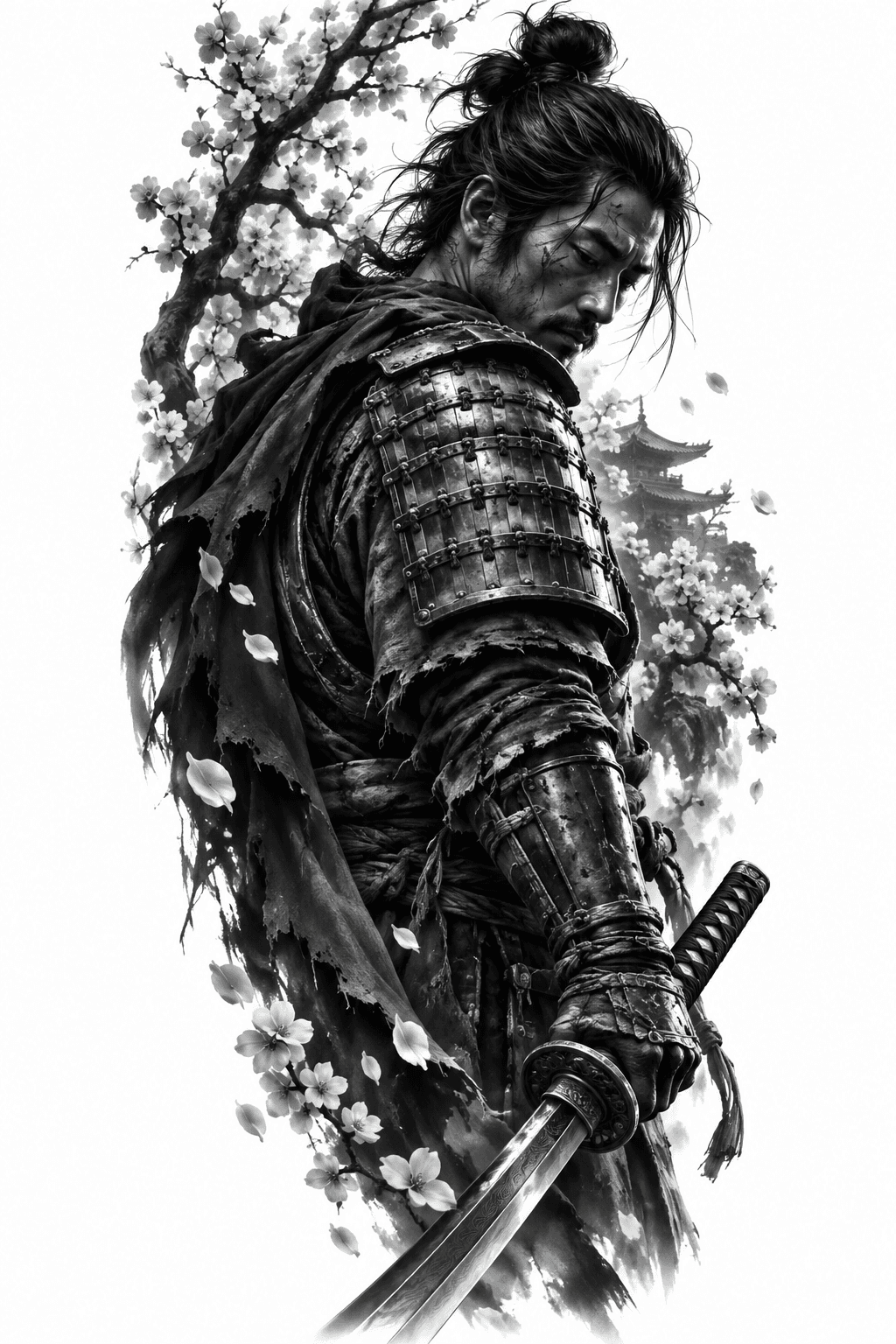 Concept de tattoo: Samurai, Katana, Cerejeiras